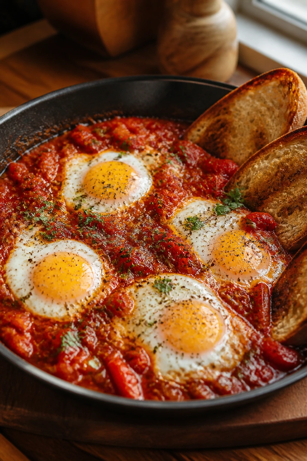 Close-up of shakshuka with toast in a warm kitchen