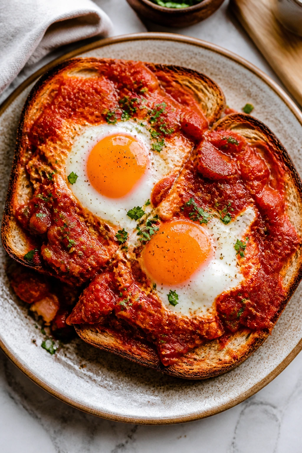 Shakshuka on toast with eggs poached in tomato sauce
