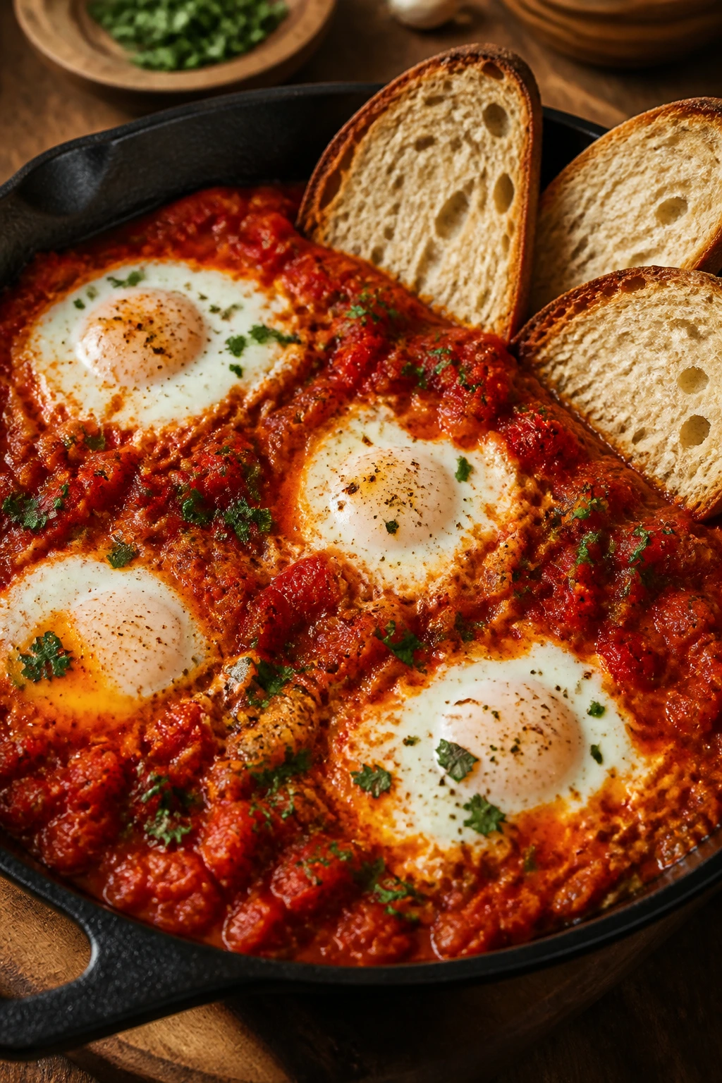 Skillet shakshuka with eggs and bread on the side.