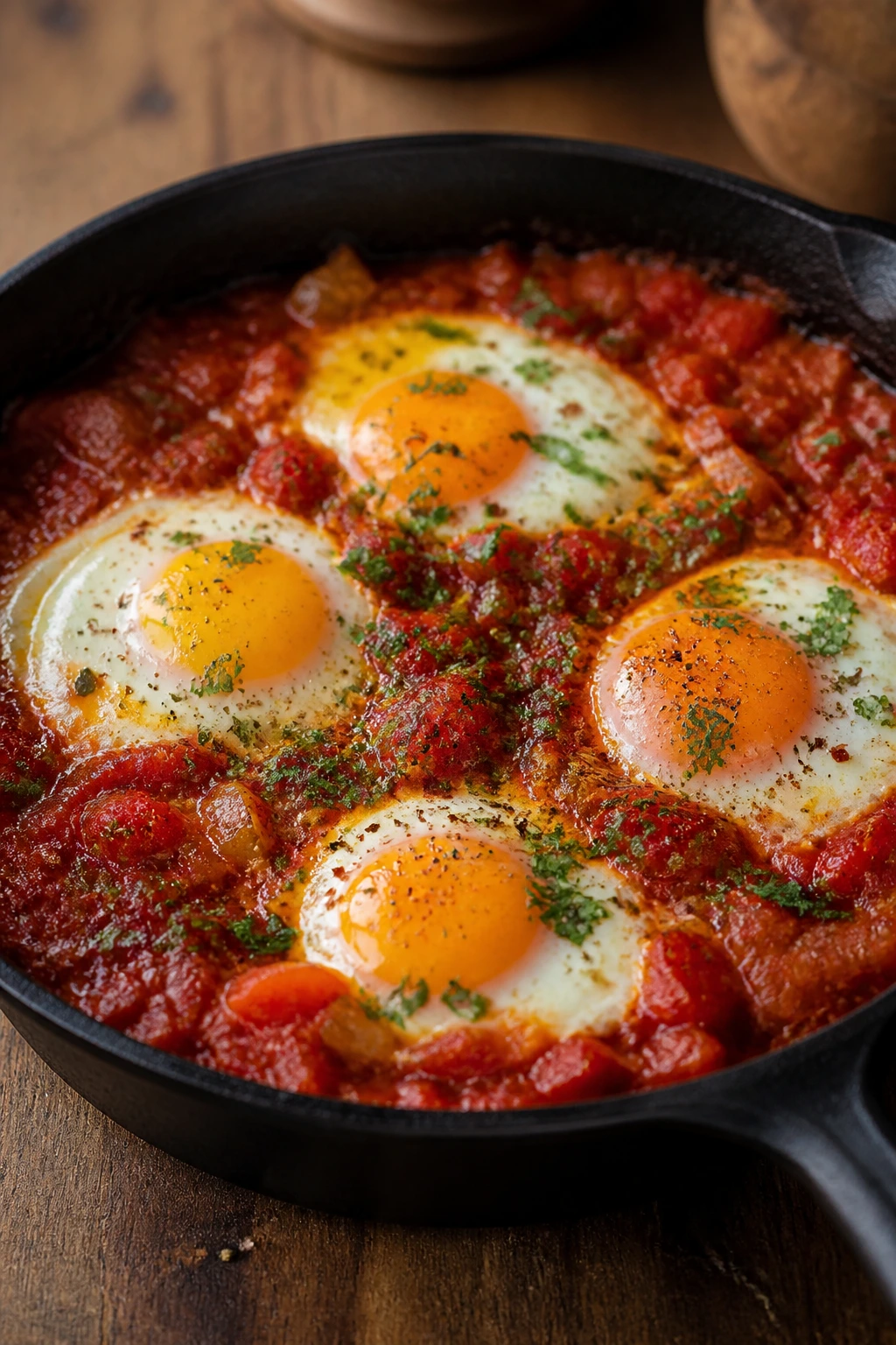 Skillet shakshuka with eggs in thick tomato sauce