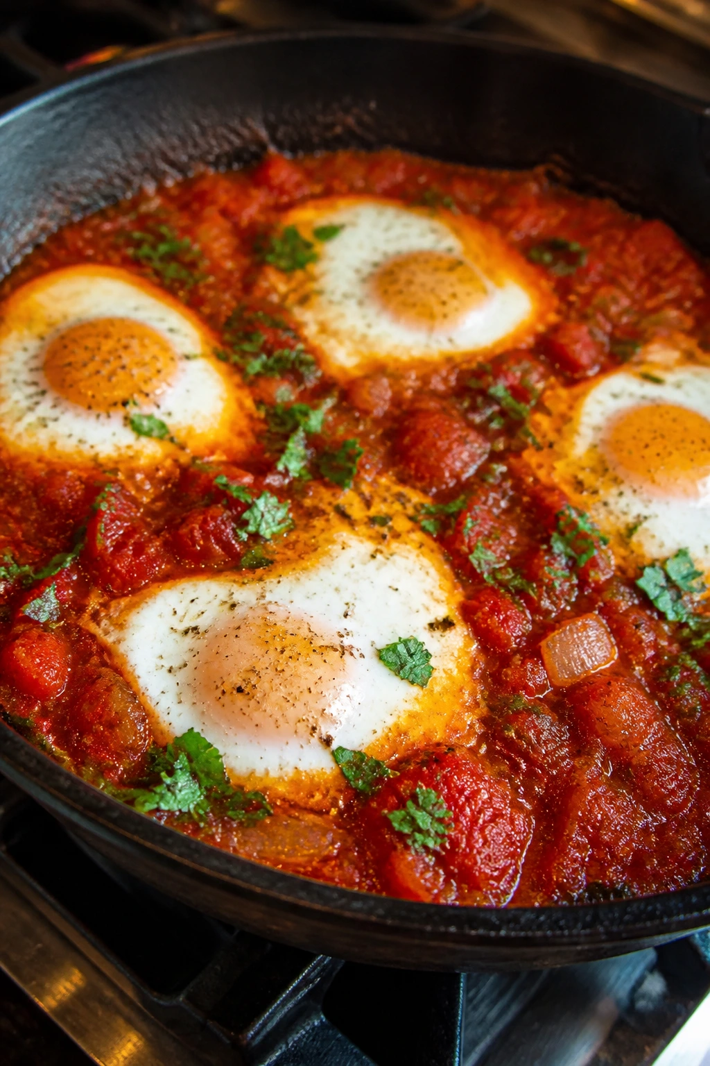 Close-up of shakshuka with eggs in tomato sauce in a skillet