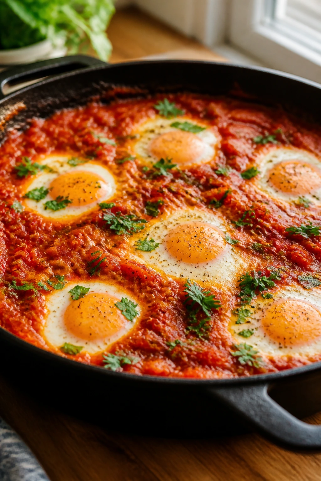 Skillet shakshuka with eggs in tomato sauce