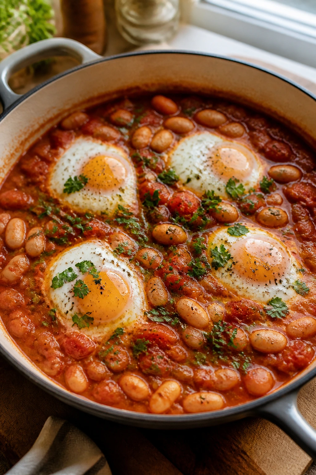 Shakshuka with white beans and poached eggs in a skillet