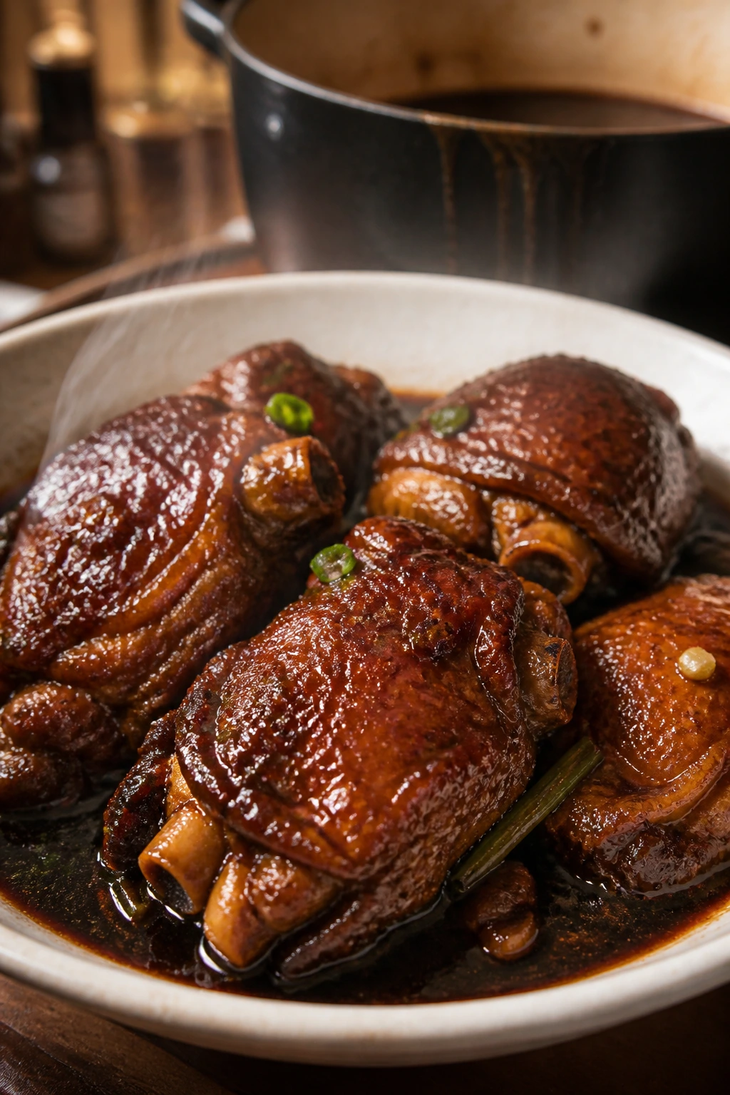 Close-up of Shanghai Braised Chicken in glossy lacquer sauce