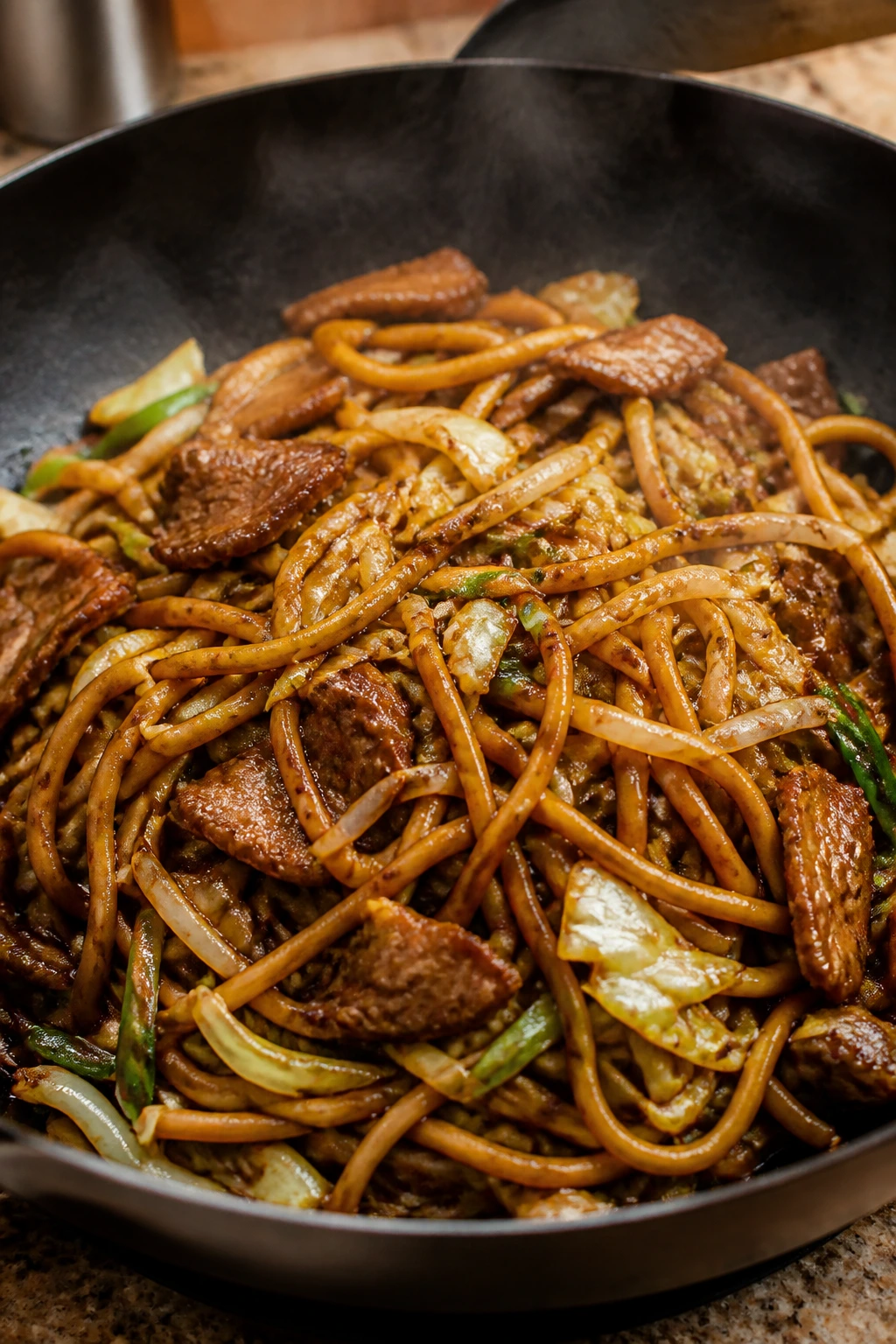 Close-up of Shanghai Fried Noodles with pork, cabbage, and bean sprouts