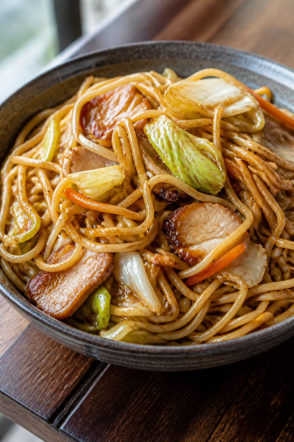 Close-up of Shanghai-Style Stir-Fried Noodles with pork and cabbage