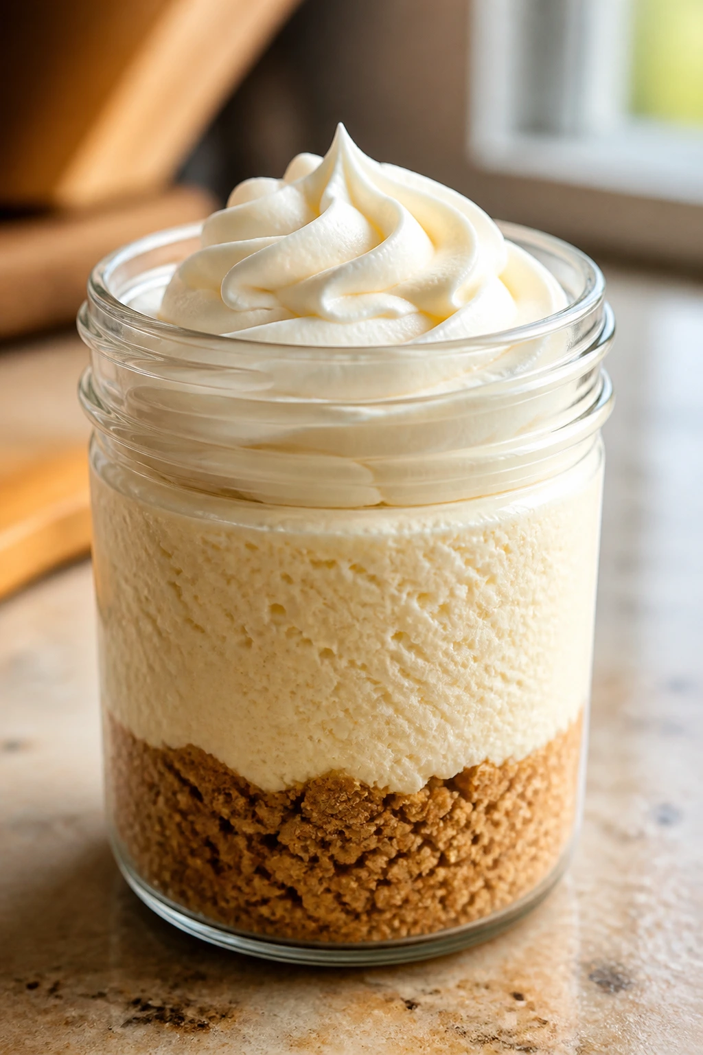 Cheesecake jar with distinct crust, airy filling, and frosting on a kitchen counter