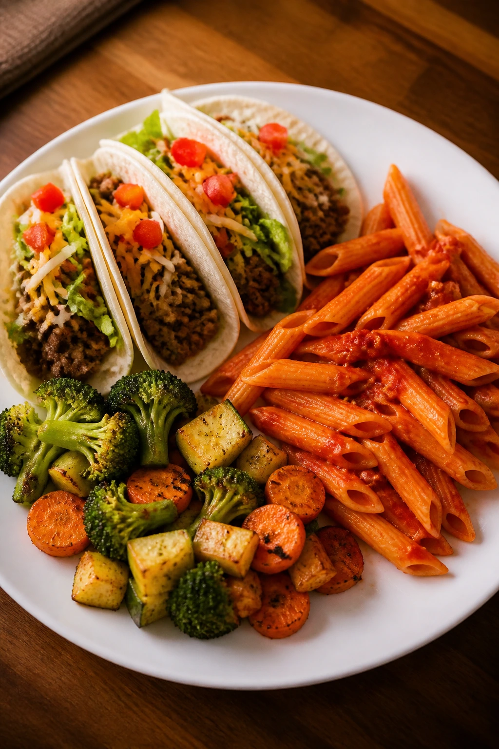 Plate arranged with familiar kid-friendly shapes (tacos, pasta, vegetables) on a dining table.