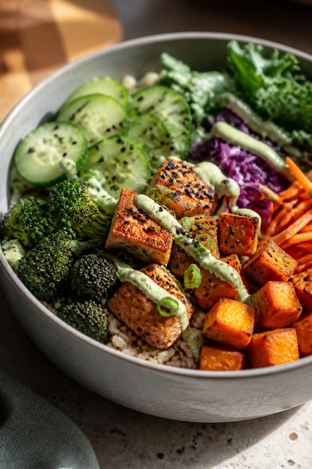 Sturdy meal-prep bowl with intact layers and textures on a kitchen counter