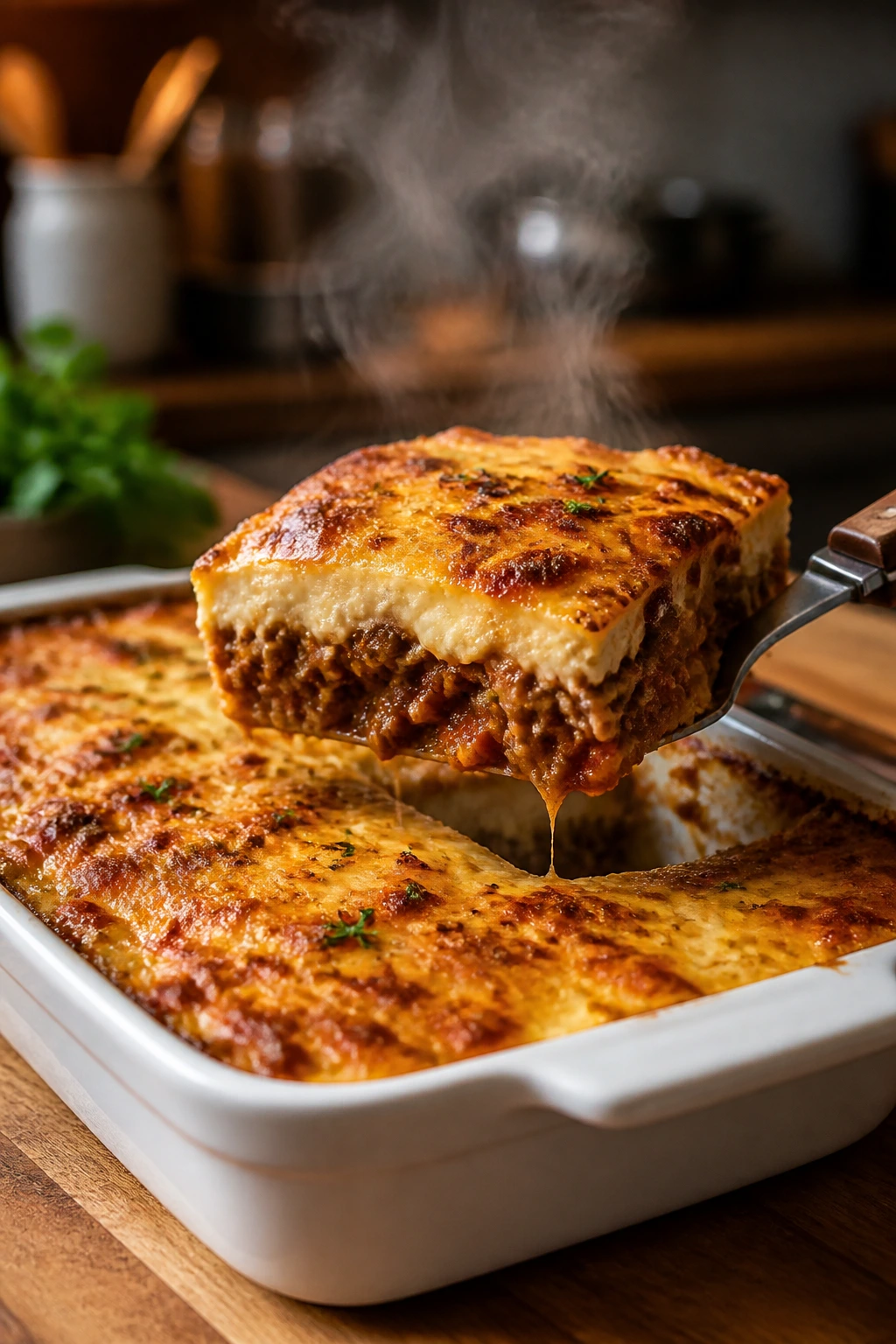Casserole dish with a firm slice showing it keeps its shape after reheating