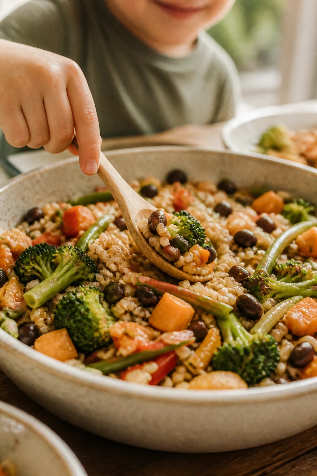 Close-up of a central shared bowl with colorful vegetables and grains on a warm kitchen table