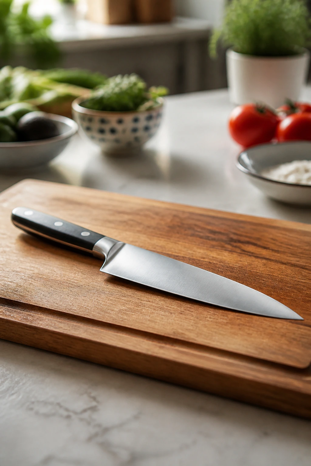 Close-up of a sharp chef's knife on a cutting board in a bright kitchen