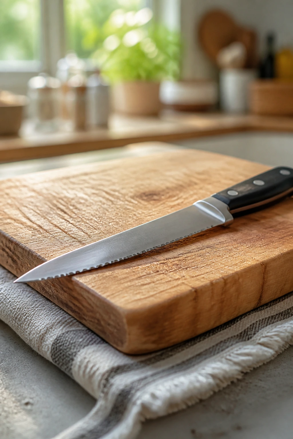 Sharp serrated knife on cutting board in kitchen