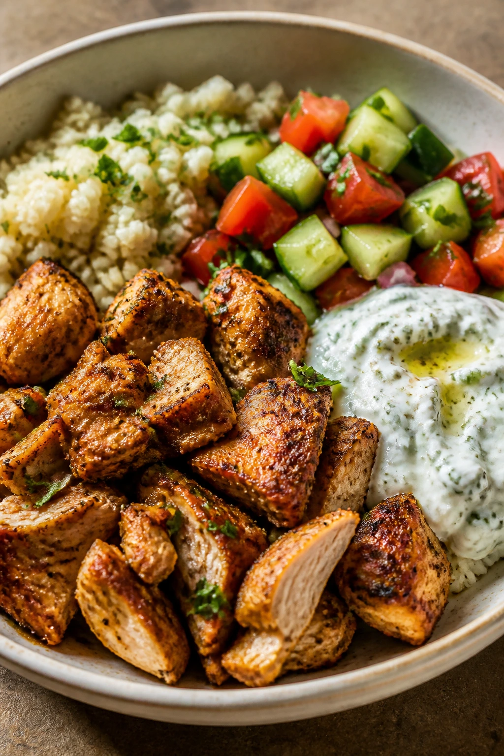 Close-up of a chicken shawarma bowl with cauliflower rice, cucumber, tomato and yogurt sauce on a warm kitchen counter