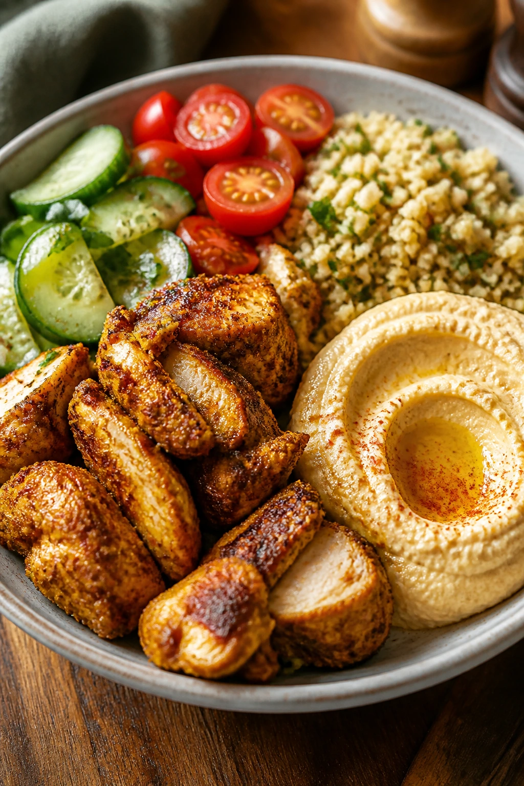 Close-up shawarma chicken hummus bowl with cucumber and tomatoes
