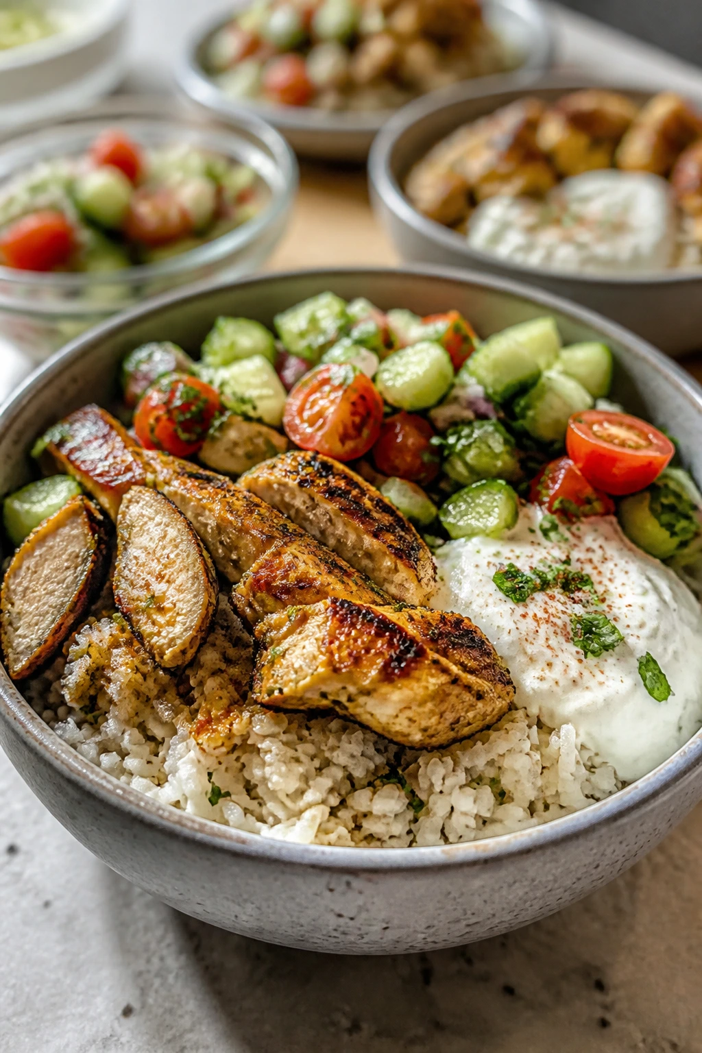 Close-up of chicken shawarma rice bowl with cucumber and tomato topping