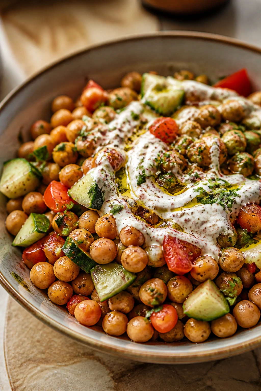 Close-up of shawarma chickpea salad in a bowl on a kitchen counter
