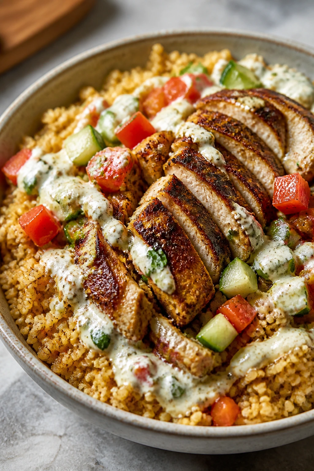 Shawarma couscous bowl with chicken on a kitchen counter