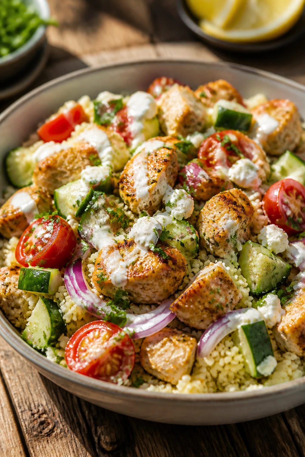 Close-up of chicken shawarma couscous salad in a bowl with cucumber and feta
