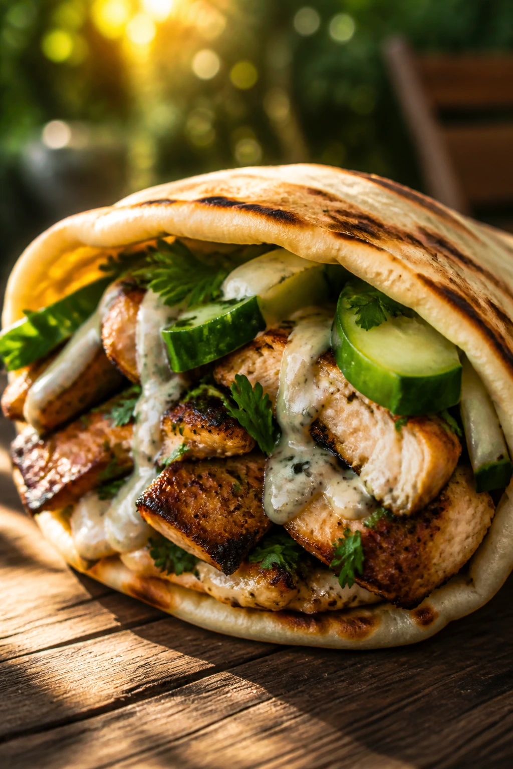Close-up of shawarma pita sandwich with chicken, cucumber, herbs, tahini in backyard picnic light