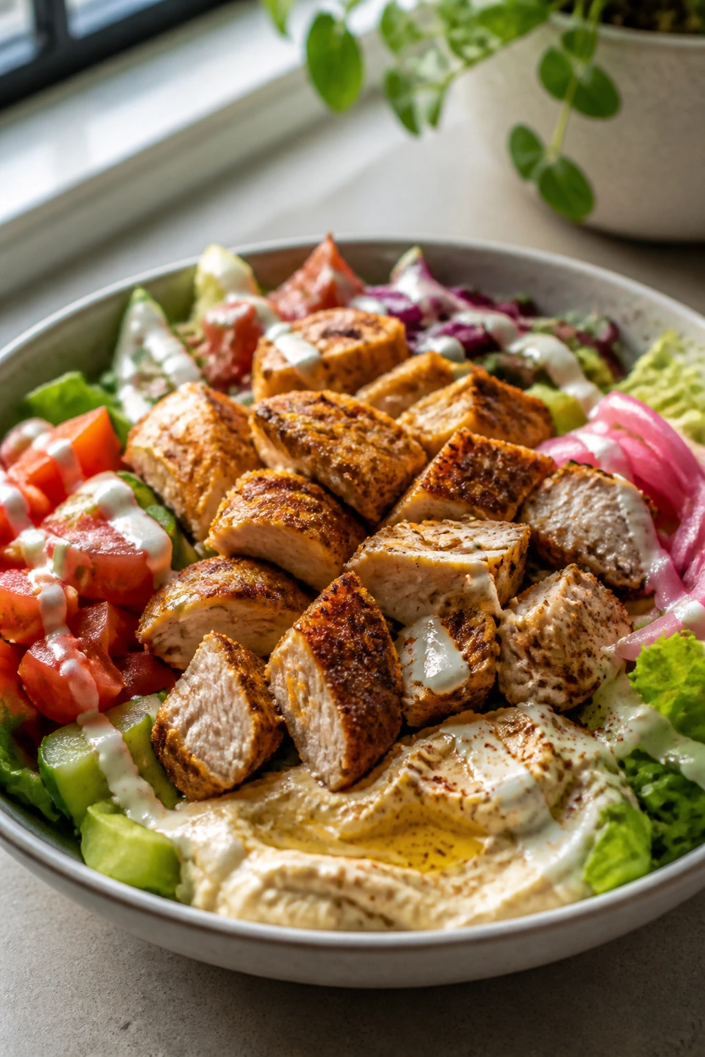 Chicken shawarma salad bowl with greens and hummus.