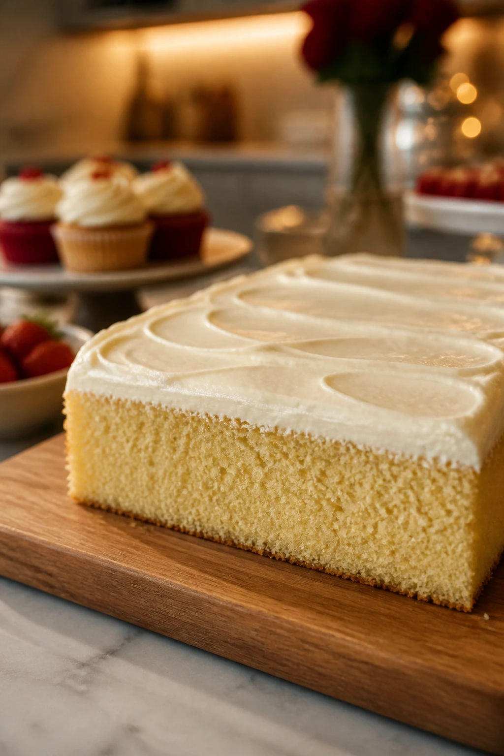 Moist vanilla sheet cake with cream cheese frosting on a serving board