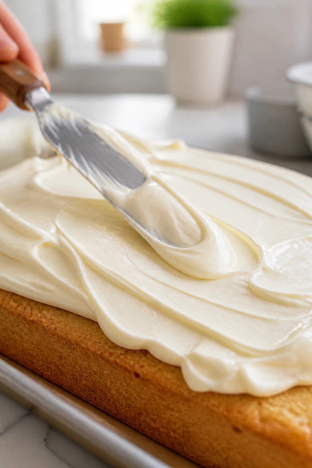 Close-up of thick cream cheese frosting being spread on a cooled vanilla sheet cake.