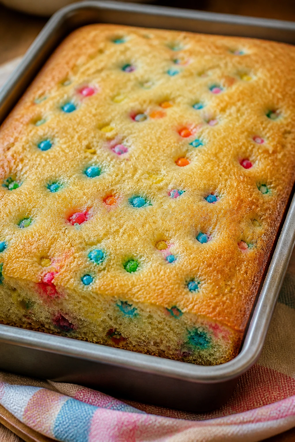 Cake baked in 9x13 pan with candy on top