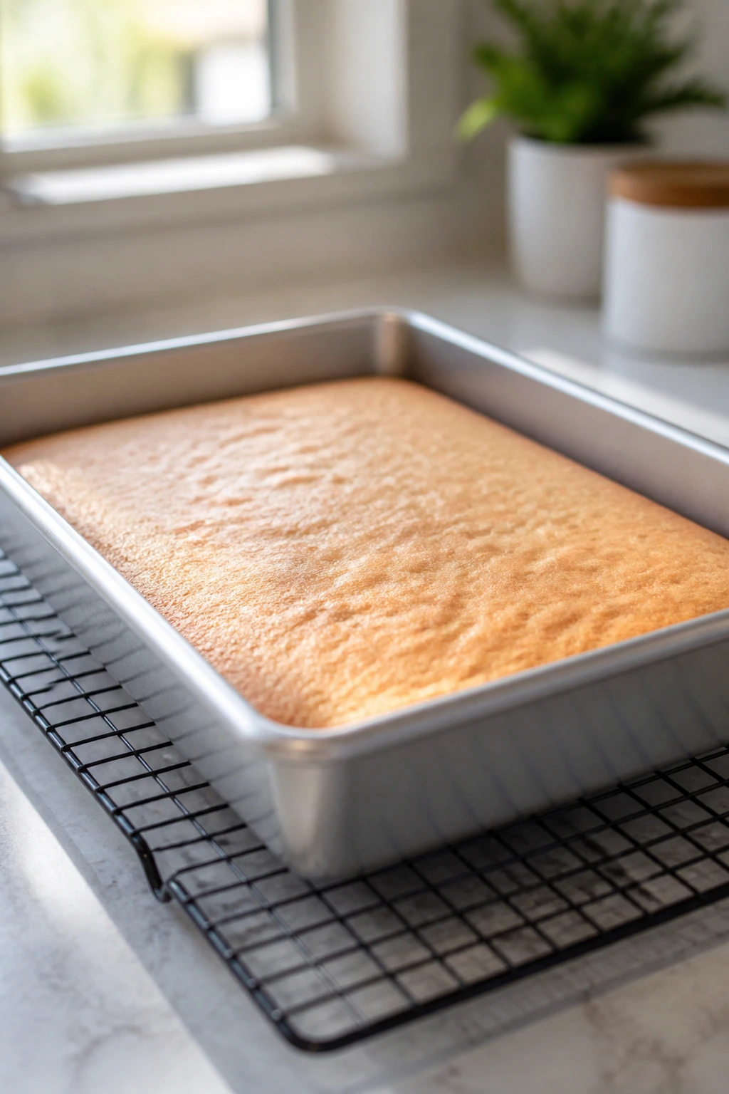 Metal baking pan with golden vanilla sheet cake on cooling rack in kitchen