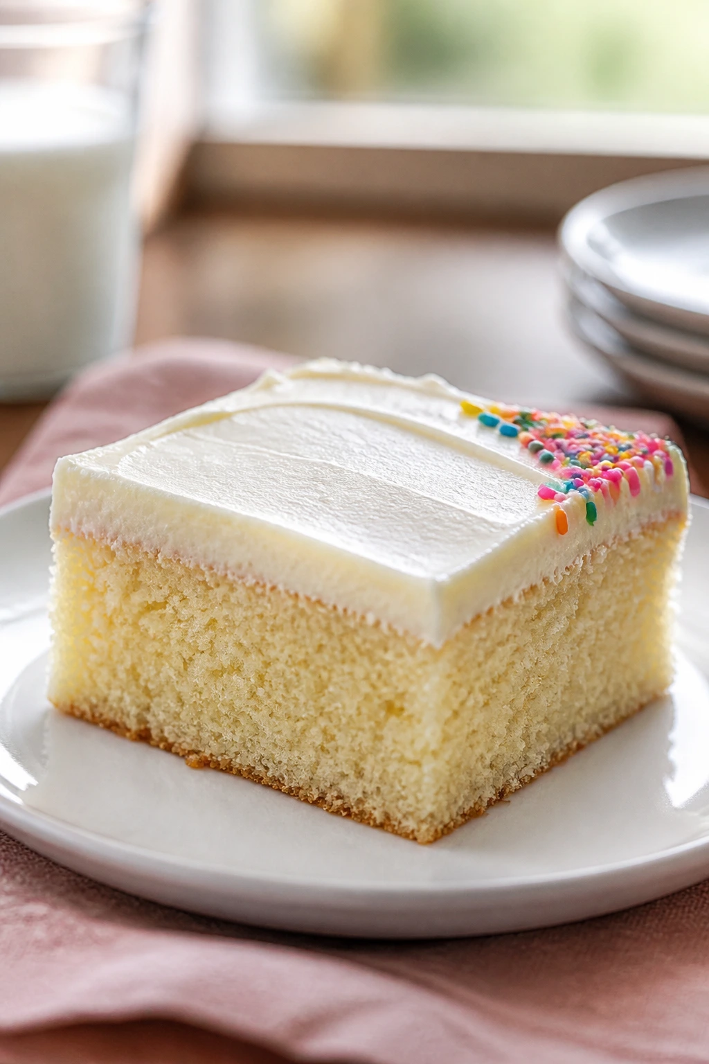 Neat square of sheet cake with smooth frosting on a plate.