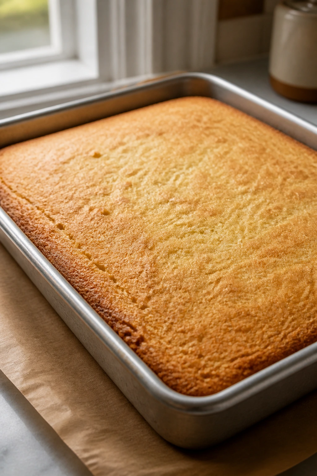 Medium close-up of a vanilla sheet cake cooling in a pan on a kitchen counter, tender crumb.