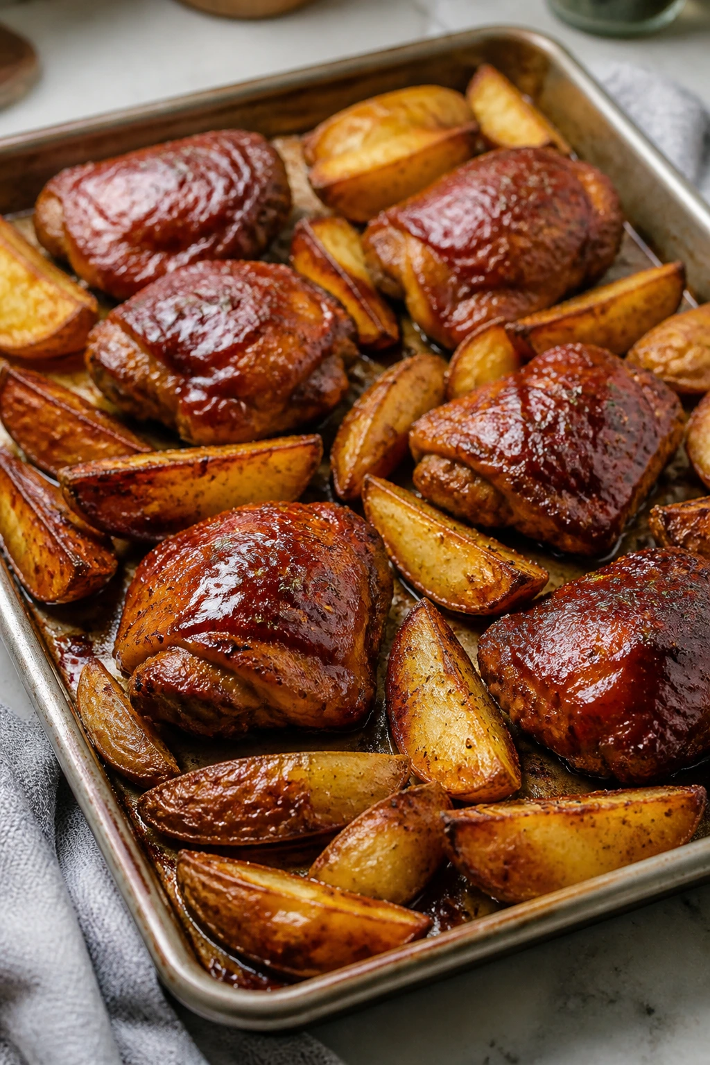 Sheet pan BBQ chicken and potato wedges on a pan