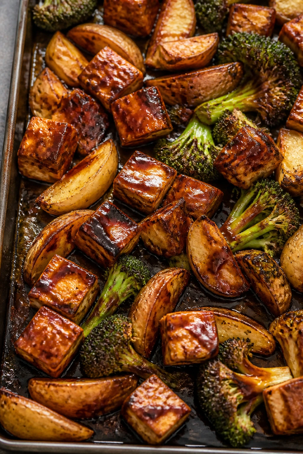 Roasted sheet pan with BBQ tofu, broccoli, and potatoes