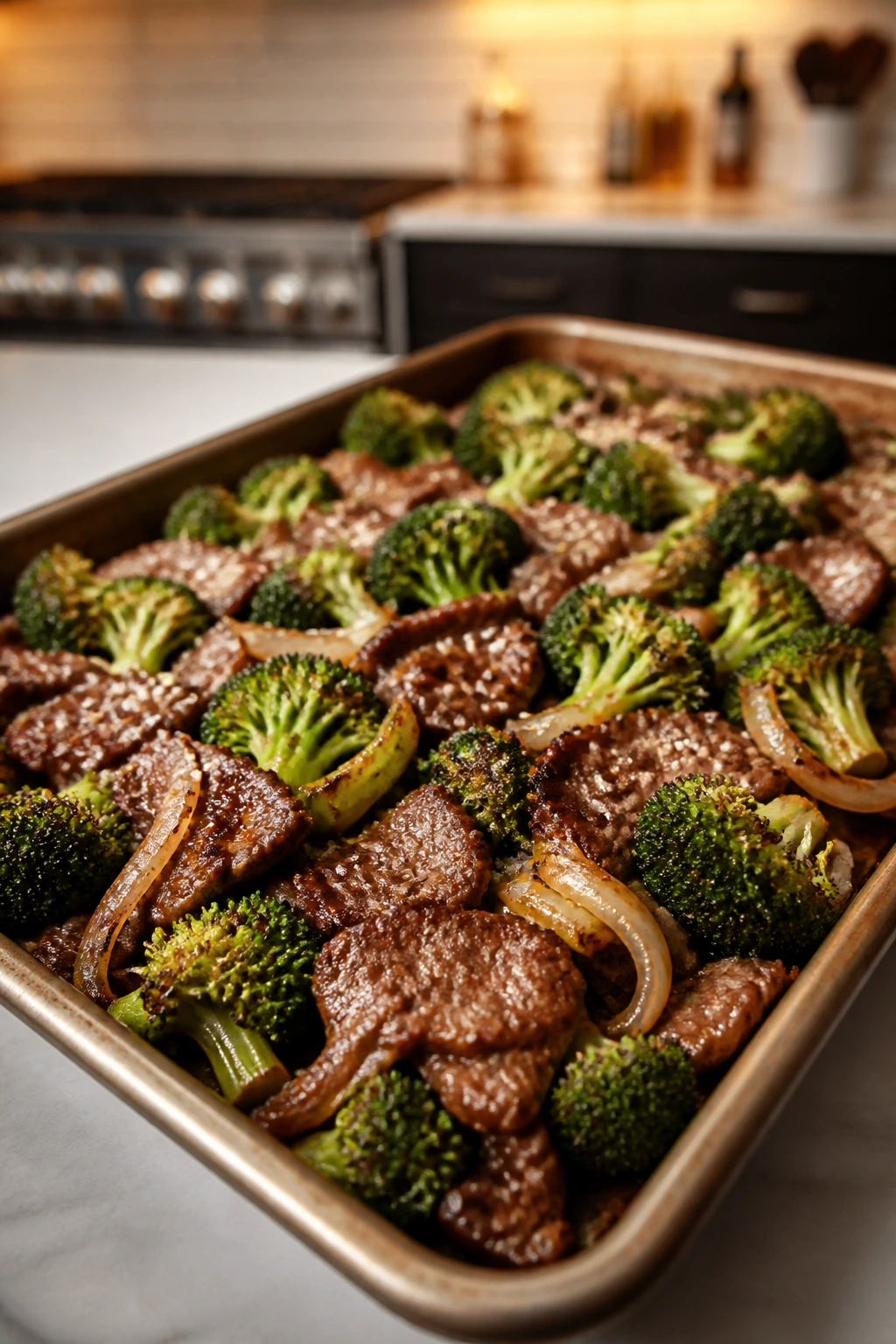 Sheet-pan beef and broccoli with sesame onions on a pan
