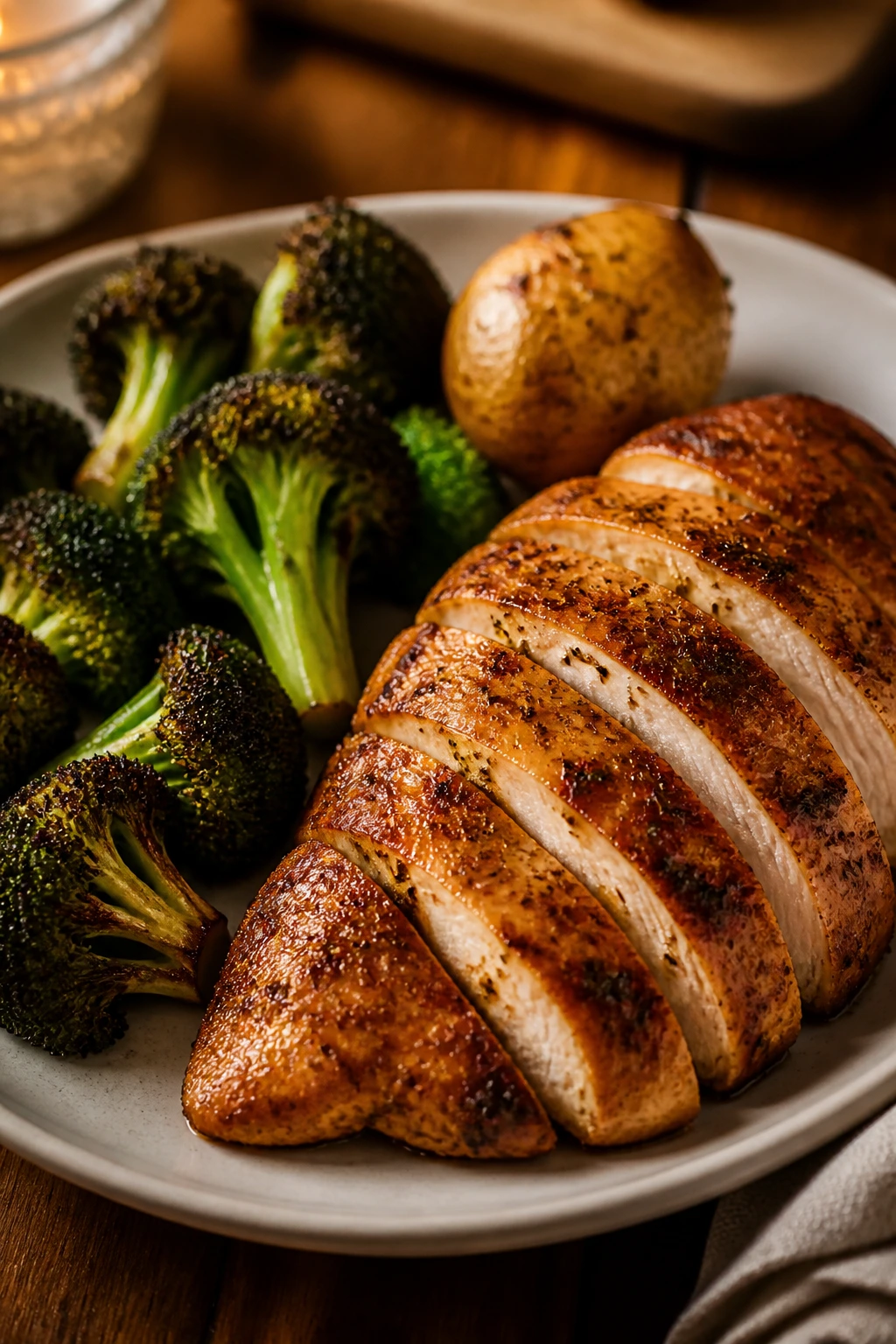 Dinner plate with roasted chicken, broccoli, and potato