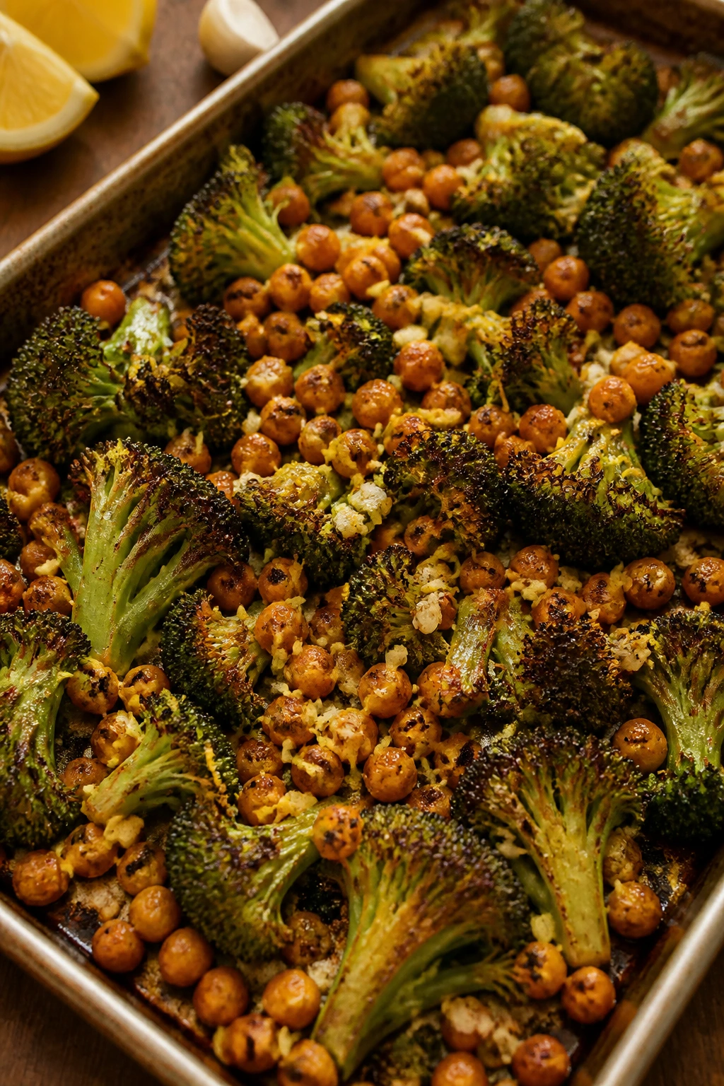 Sheet-pan broccoli and chickpeas roasted with lemon and garlic on a kitchen counter