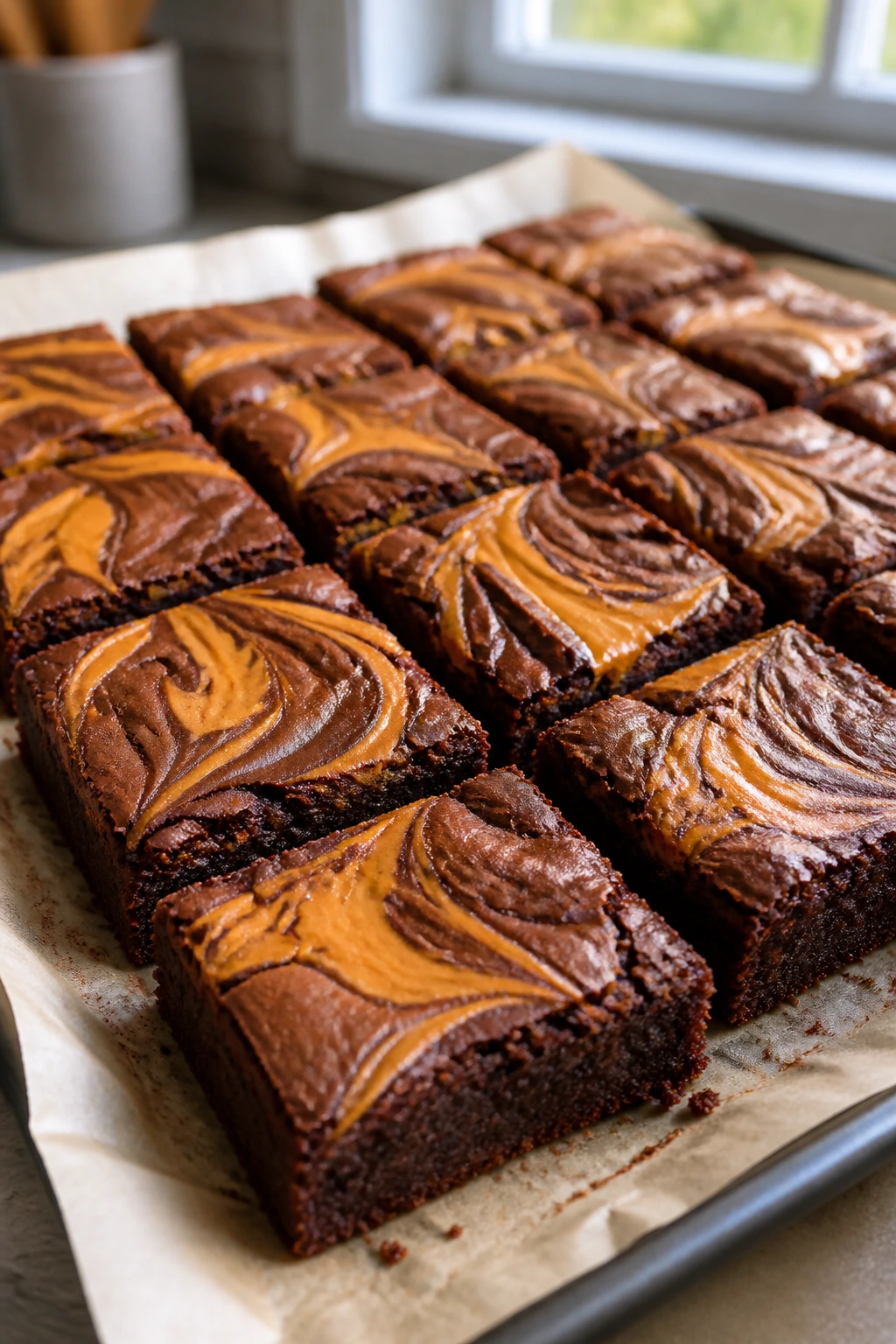 Sheet-pan brownies with pumpkin swirl close-up