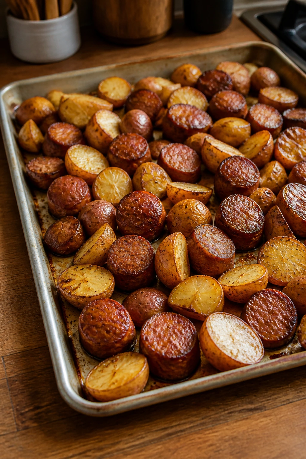 Large sheet pan with crispy browned potatoes and sausage
