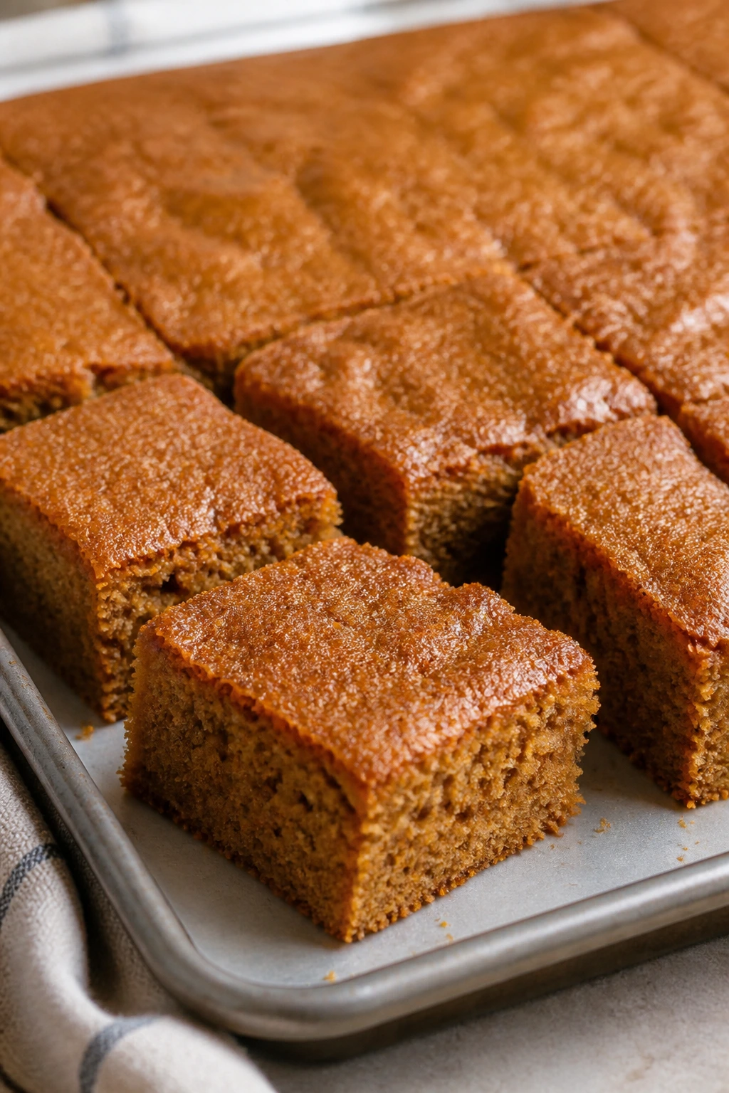 Brown sugar sheet cake cut into squares on a counter