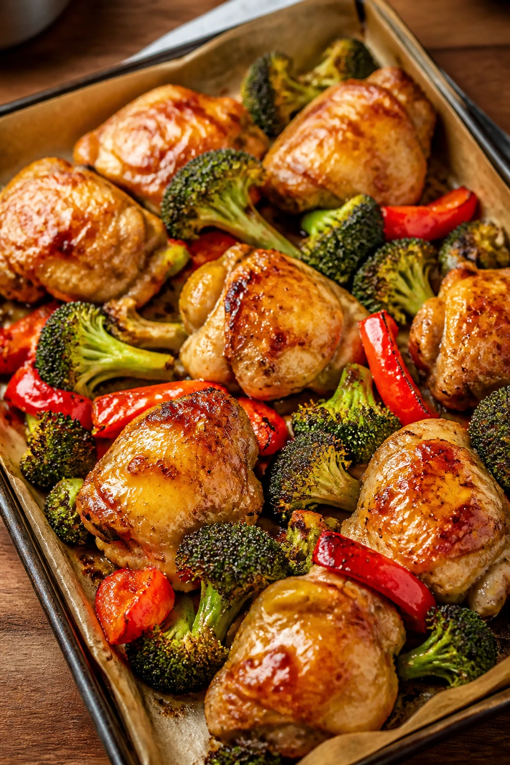 Sheet-pan honey mustard chicken with broccoli on parchment in a warm kitchen