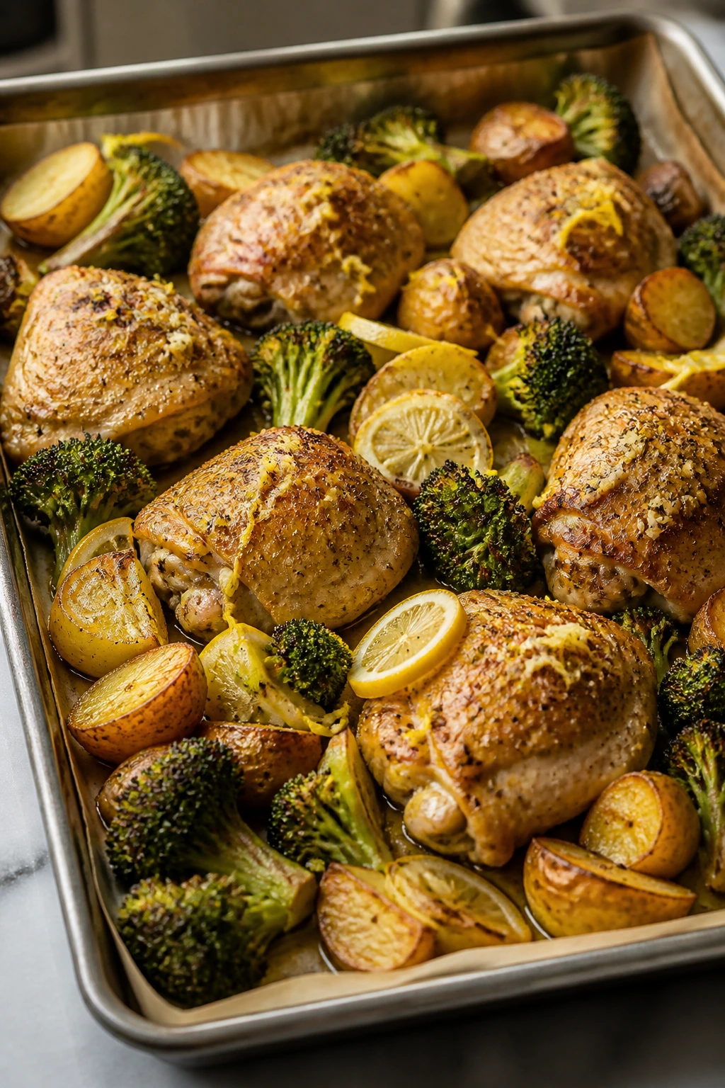 Close-up of sheet-pan chicken, potatoes, and broccoli on parchment