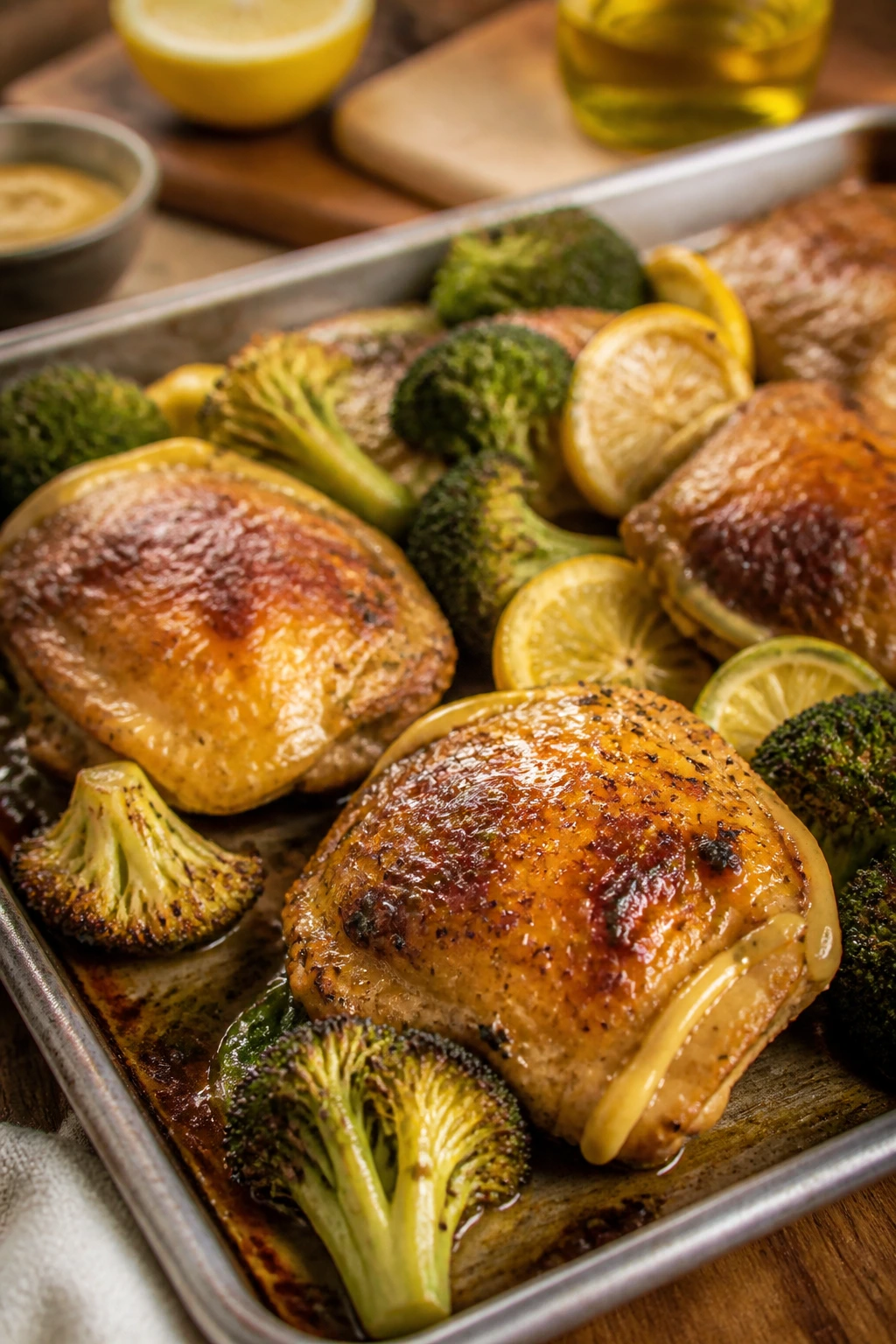 Close-up of sheet-pan roasted chicken and broccoli with lemon-olive oil glaze and Dijon accent.