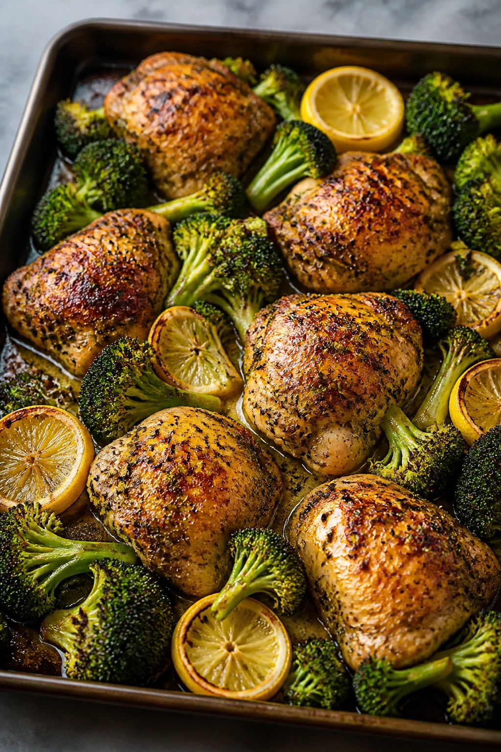 Close-up of sheet pan with lemon herb chicken and broccoli
