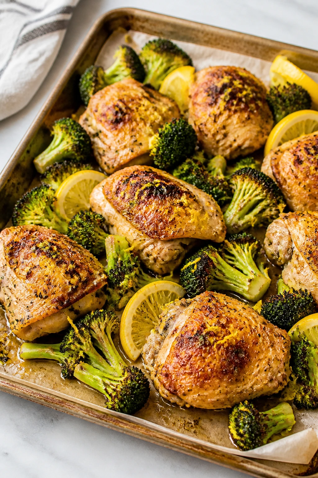 Sheet-pan lemon chicken with broccoli on a baking tray in a kitchen