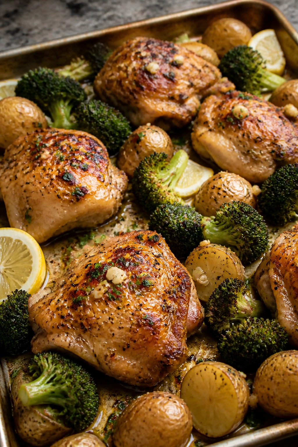 Sheet-pan lemon garlic chicken with broccoli and potatoes on a tray