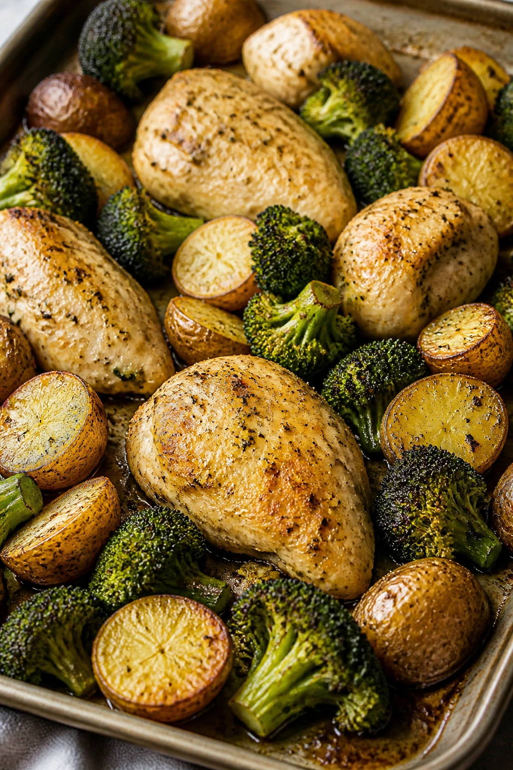 Sheet-pan chicken with broccoli and baby potatoes on a tray