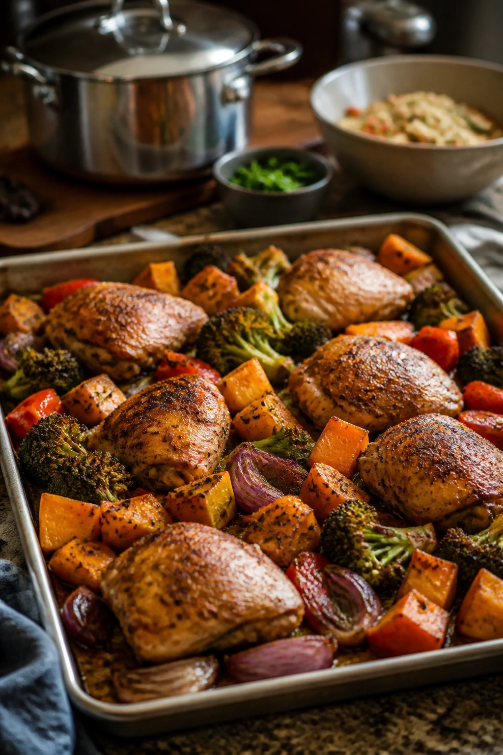Sheet pan roasted chicken and vegetables on a kitchen island