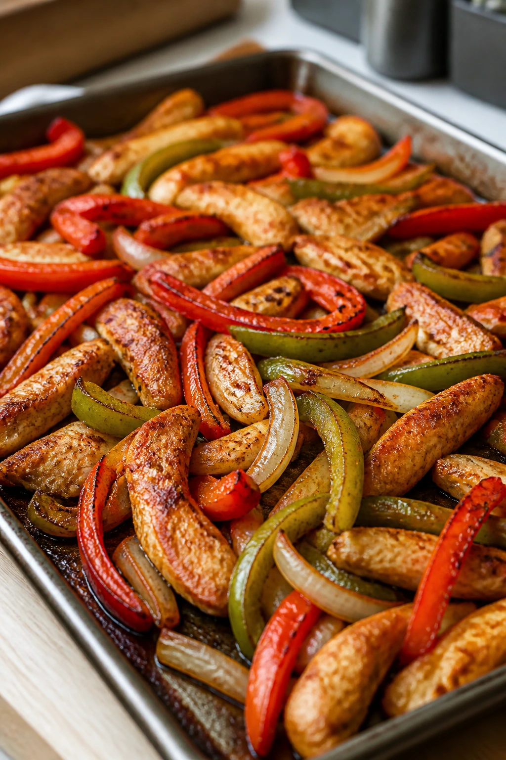 Sheet-pan chicken fajitas on a pan with peppers and onions in a warm kitchen