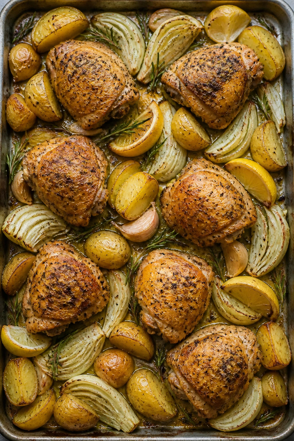 Sheet-pan chicken with fennel and potatoes roasting