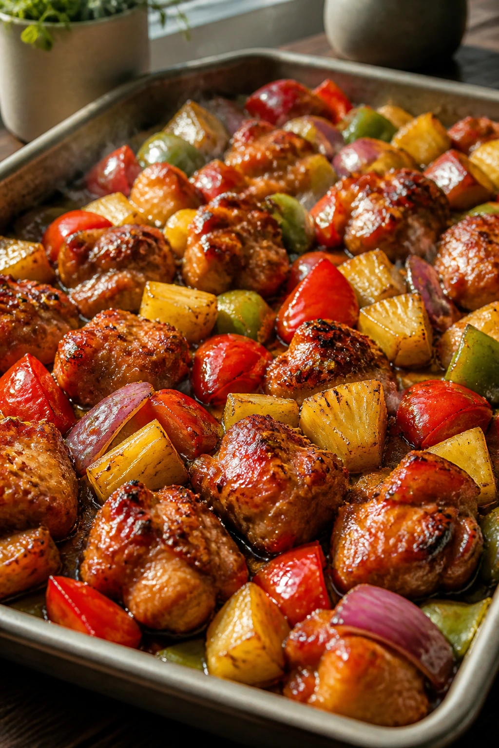 Close-up of Hawaiian chicken sheet pan with pineapple and peppers on a warm kitchen counter